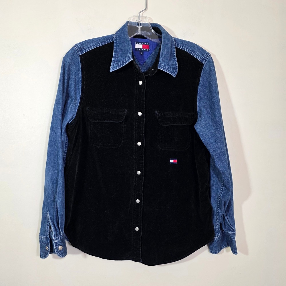 Tommy Jeans Women Shirt Mixed Media Velvet Denim Button Down Size 6 Vintage 90s